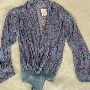 Free People Blue Floral Wrap Blouse